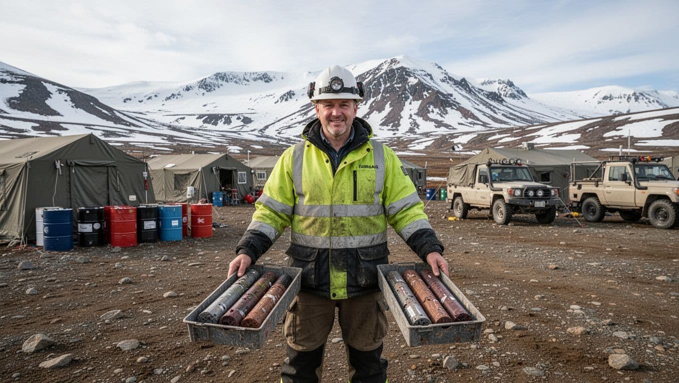 A single geologist in high-vis safety gear and helmet stands outdoors near a remote camp with tents, fuel drums, and vehicles, holding two drill core sample trays relaxed at their sides. Snowy mountains form the background in this wide landscape photo-realistic image under clear daytime lighting.