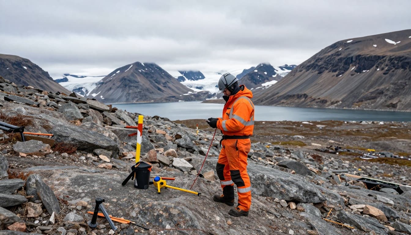 Photorealistic daytime image of a single geologist in high-visibility orange gear on a rocky Greenland hillside, overlooking survey markers, geological tools, distant mountains, and low clouds under natural arctic lighting.