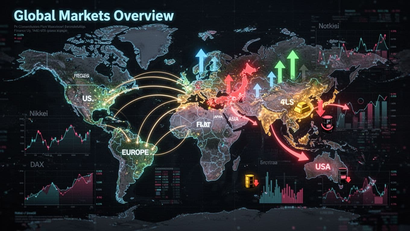 Futuristic landscape world map centered on finance hubs with glowing connections between US, Europe, and Asia, showing upward trends in Japan, mixed signals in Europe and Asia, slight decline in US, overlaid faint charts for Nikkei up and DAX flat, plus commodity icons like rising gold and falling oil on a dark neon background.