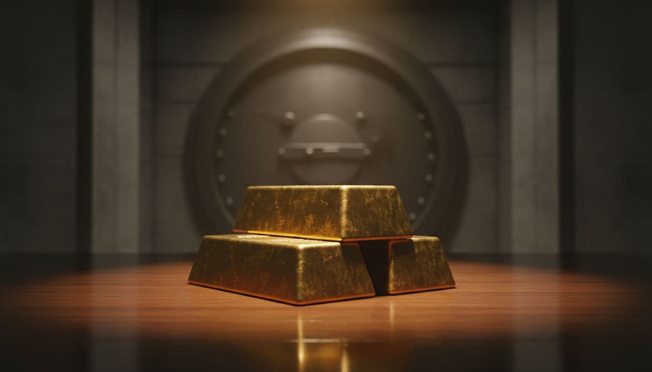 Three gold bullion bars stacked on polished wooden table in secure vault under warm spotlight.