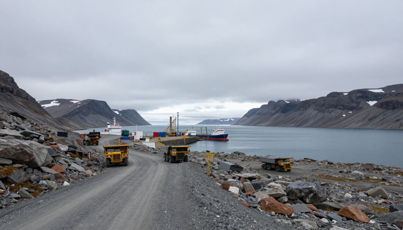 Photo-realistic wide landscape of Greenland's rugged coastline with a small industrial port, docked ships, and exactly two mining trucks on a gravel road near the shore under an overcast sky.