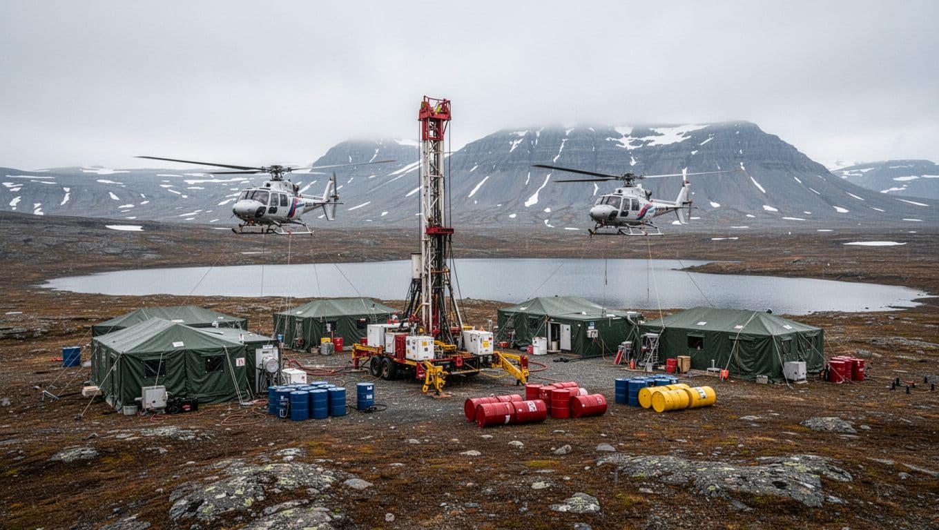 Photorealistic helicopter-supported mineral exploration camp with tents, drilling equipment, and fuel drums on tundra near a small lake, distant mountains under overcast daylight. Landscape view with sharp details, no people, no text, or logos.