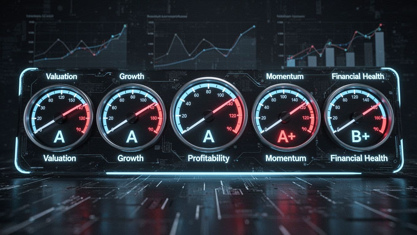 Landscape dashboard with five analog gauges in a row showing top grades: Valuation (A), Growth (A), Profitability (A), Momentum (A+), Financial Health (B+). Dark tech background with glowing blue neon edges, semi-realistic 3D style and dynamic underlighting.
