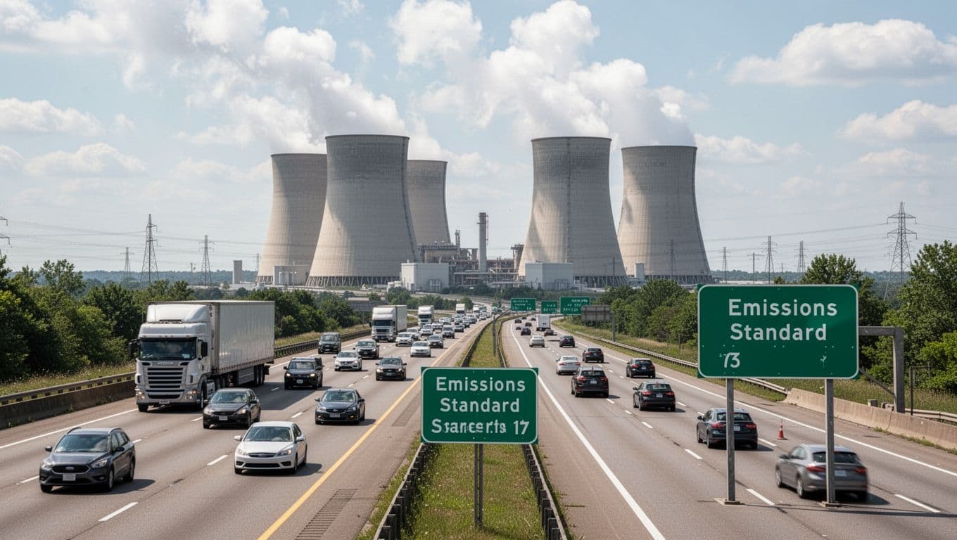 Wide landscape view of a highway with 10 vehicles including cars and semi-trucks driving past a large power plant emitting clean steam from cooling towers under a partly cloudy sky, featuring a green emissions standards sign in the foreground.