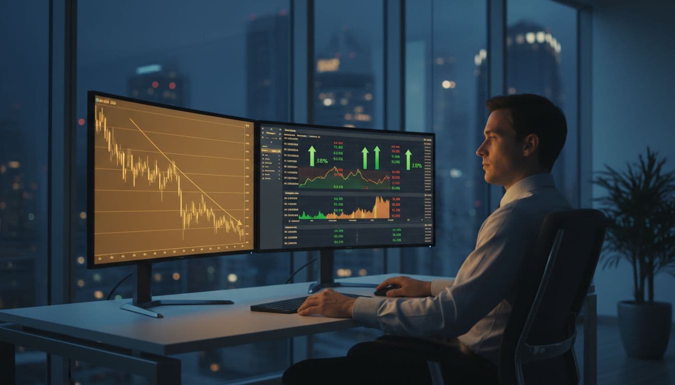 Investor at desk glances at dual monitors with gold price chart dipping after peak and rising stock indices in late evening office.