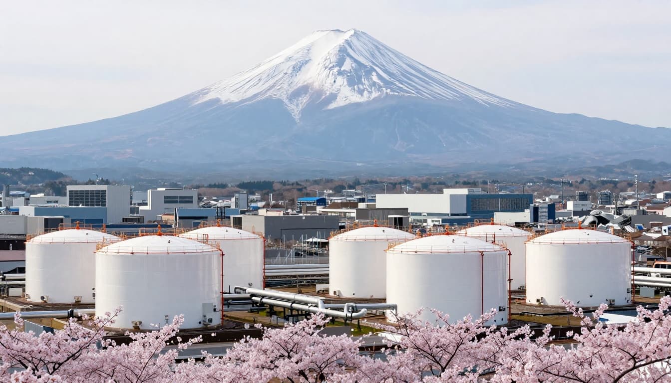 Photorealistic landscape of a Japanese industrial scene with secure energy pipelines, oil tanks, and subtle stable investment graph overlays. Distant Mount Fuji and cherry blossoms under soft morning light create a calm, secure mood with modern factories.