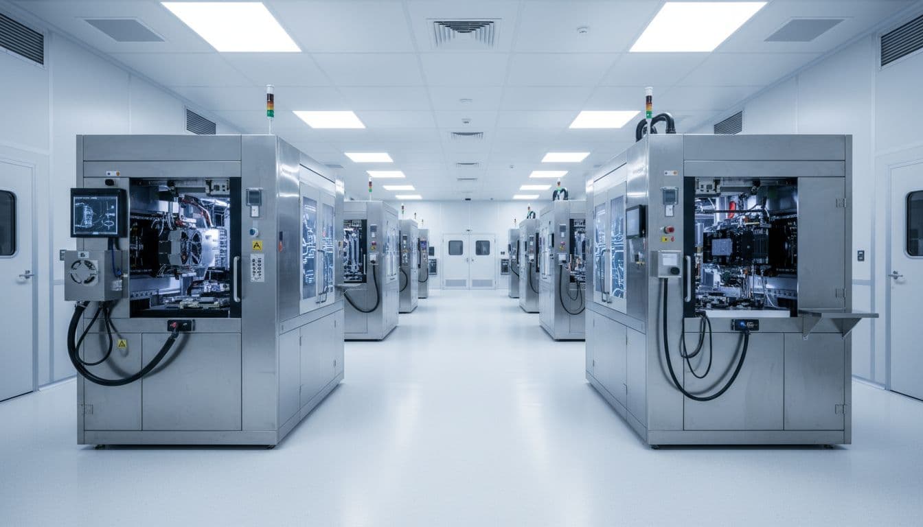 Photo-realistic wide shot of Lam Research Corporation's empty cleanroom interior with rows of wafer fabrication equipment under soft overhead lighting, conveying a high-tech atmosphere with precise machinery details, no people, text, or logos.