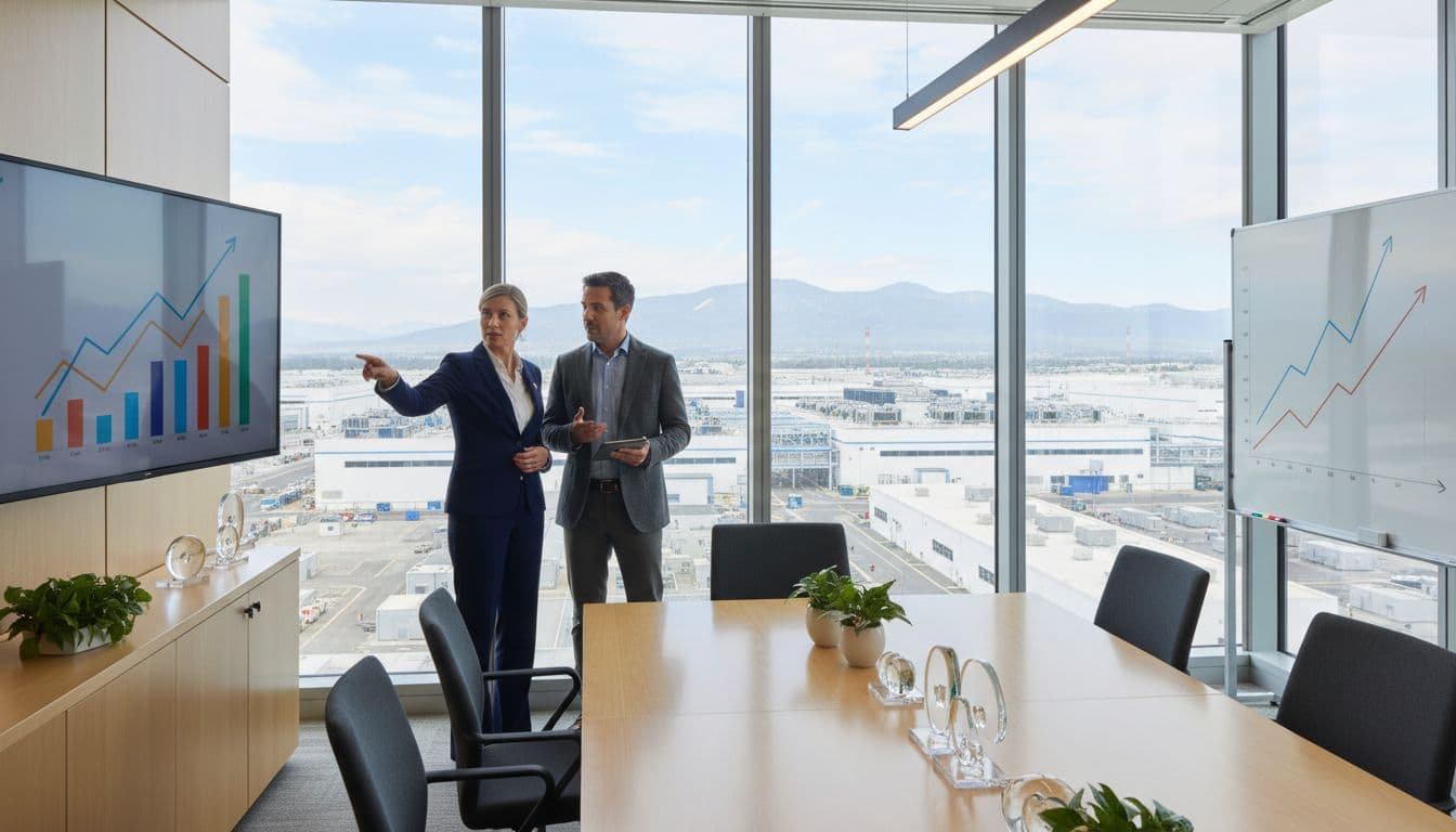 Photo-realistic landscape of Lam Research Corporation executives in a modern office overlooking semiconductor fabs, with growth charts on walls and two people in collaborative discussion under natural window light.