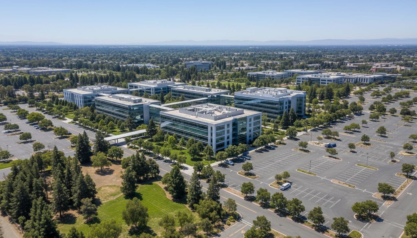 Photo-realistic aerial landscape shot of Lam Research Corporation headquarters in Fremont, California, showing green areas, parking lots, and main buildings on a sunny day with no people, vehicles, text, or logos.