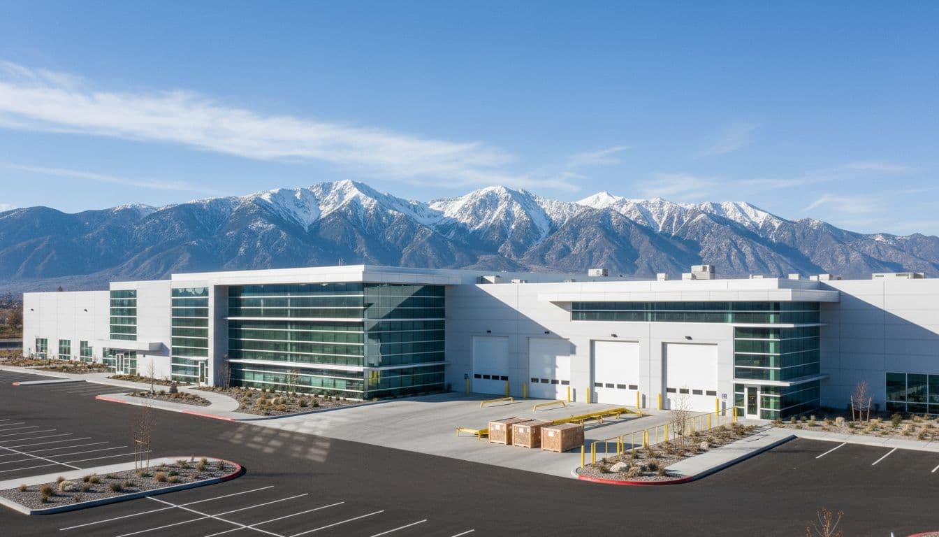 Photo-realistic wide-angle landscape view of Lam Research Corporation's modern semiconductor manufacturing facility exterior on a clear day, featuring a clean building with equipment loading area and mountains in the background, captured in natural daylight with high detail.