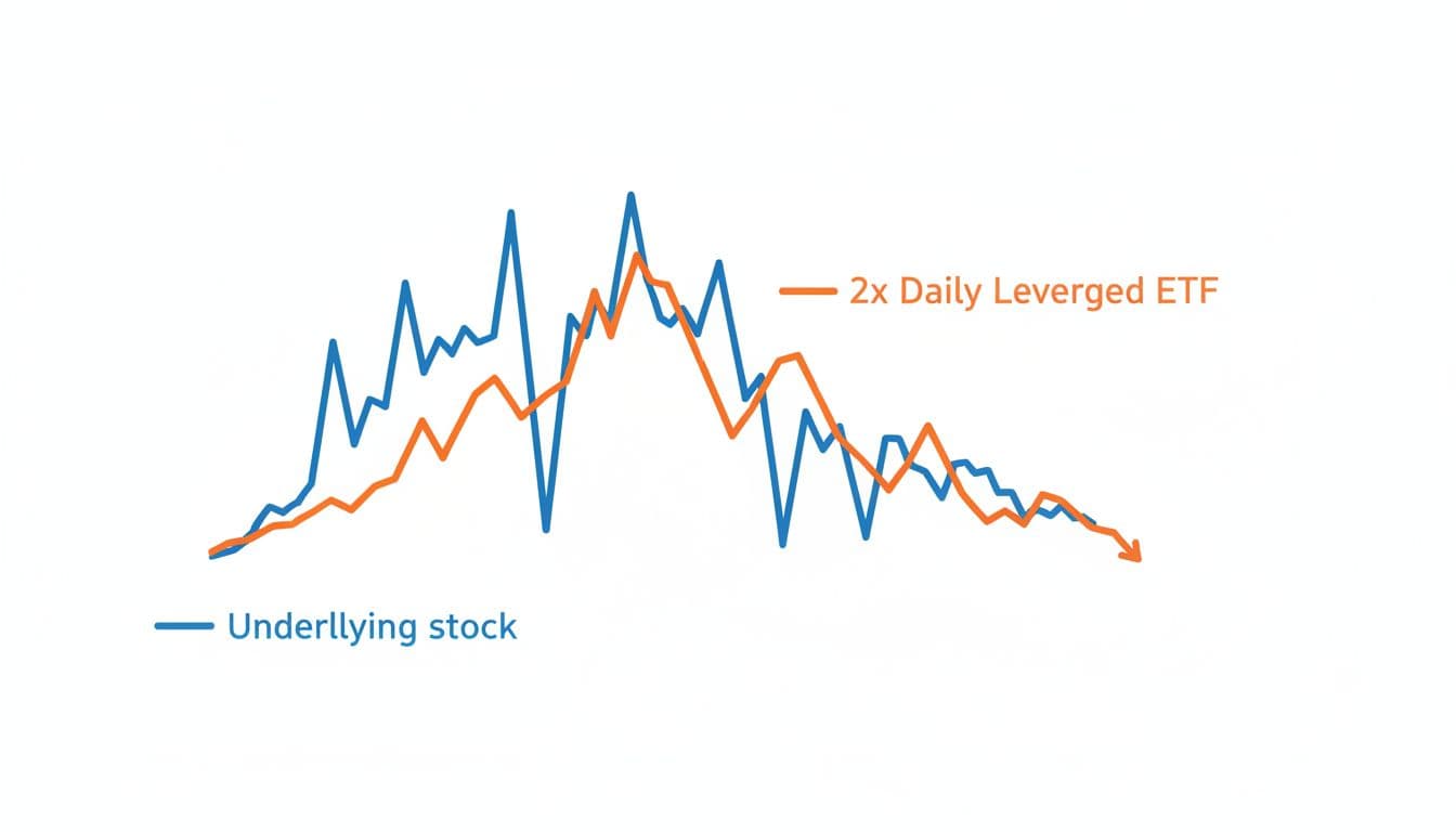 Simple line graph on white background with blue stock line showing moderate volatility and orange 2x ETF line diverging downward over 10 days.