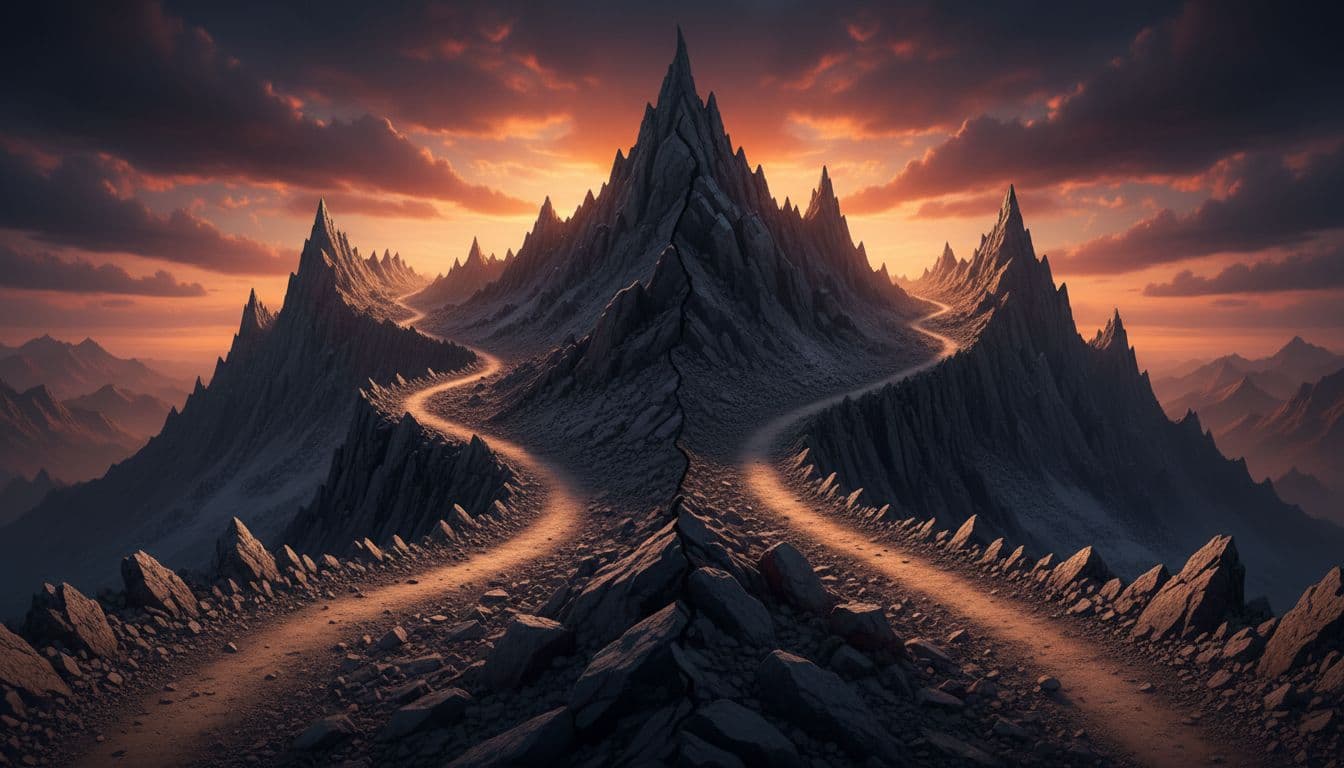 Split-screen rocky terrain contrasts normal path with jagged steeper leveraged trail at sunset.