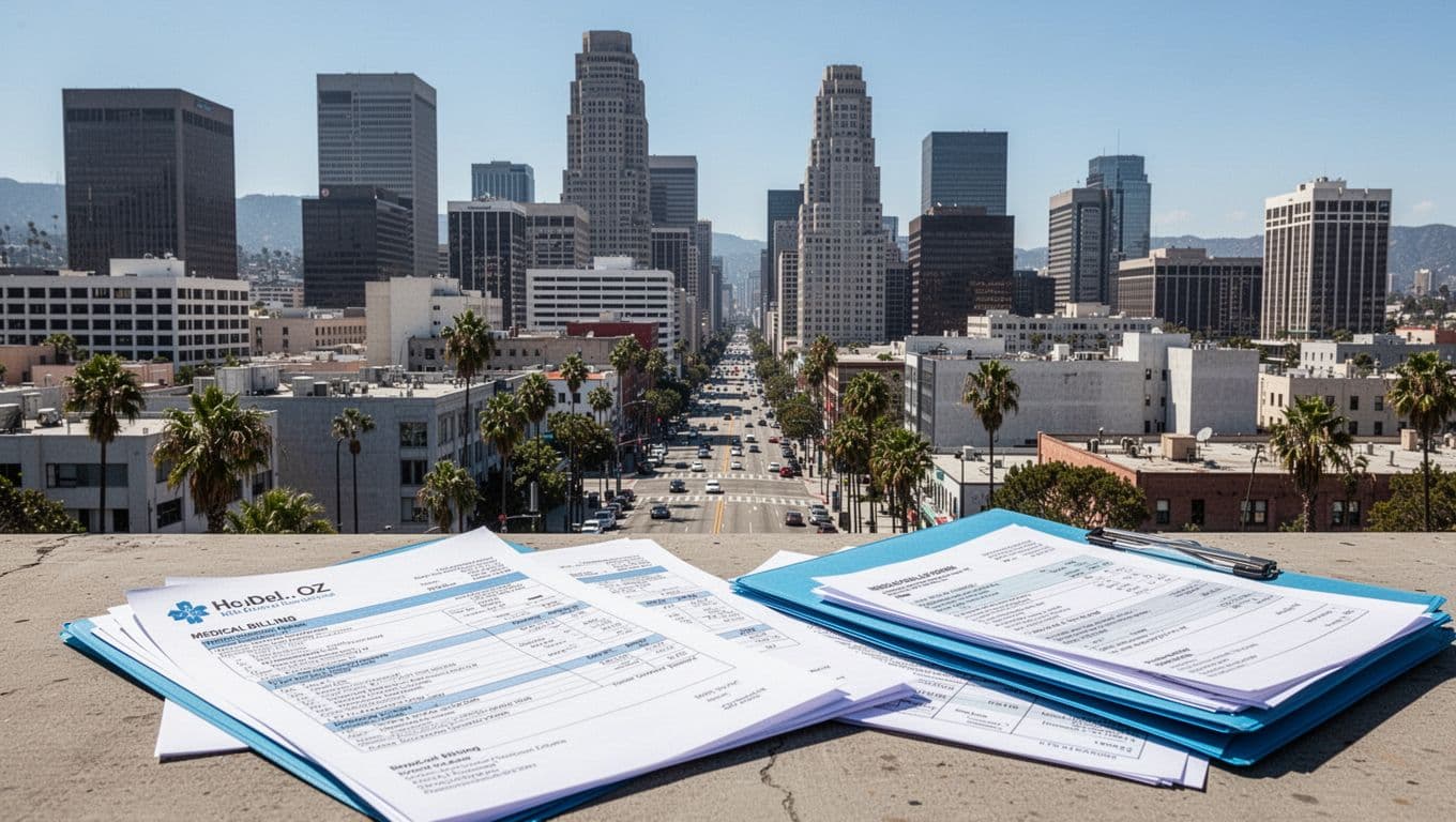 Photo-realistic downtown Los Angeles skyline under bright daylight, with medical billing papers and hospice folders scattered in the foreground on a table, illustrating hospice fraud, landscape composition with no people, text, or watermarks.