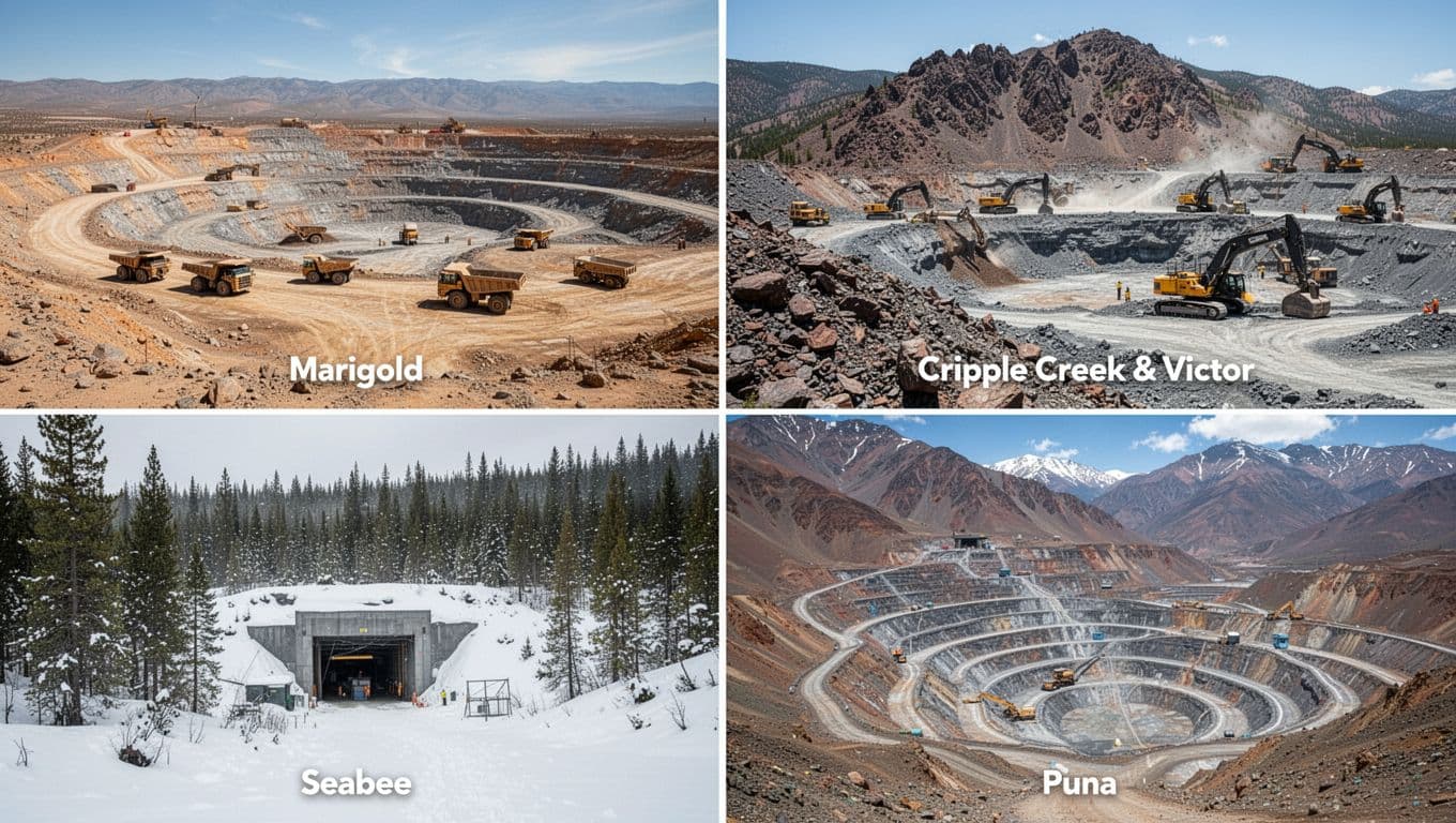 Photorealistic split-image composition displaying four diverse open-pit mining sites: Marigold in Nevada desert, Cripple Creek & Victor in Colorado mountains, Seabee in Canadian forest, and Puna in Argentine Andes, in landscape orientation with high detail and natural colors.