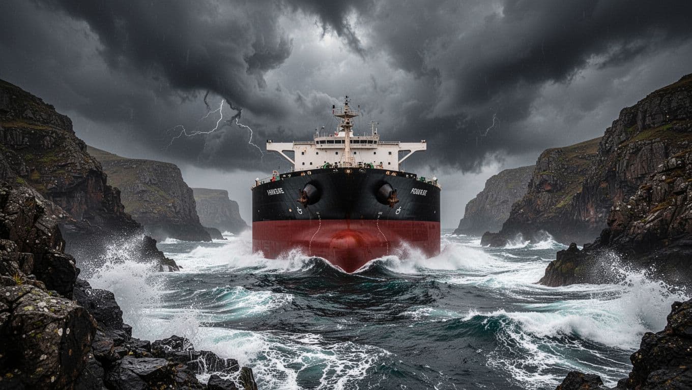 Massive oil tanker sailing through a narrow strait flanked by rocky shores under stormy clouds with crashing waves, photorealistic wide-angle low-angle shot with high contrast dramatic lighting.