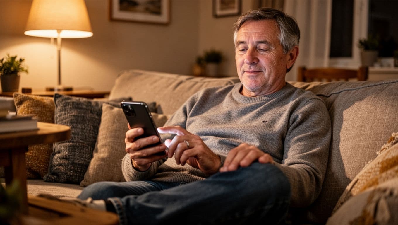 Middle-aged person sits relaxed on living room couch, smartphone resting on lap with blurred screen.