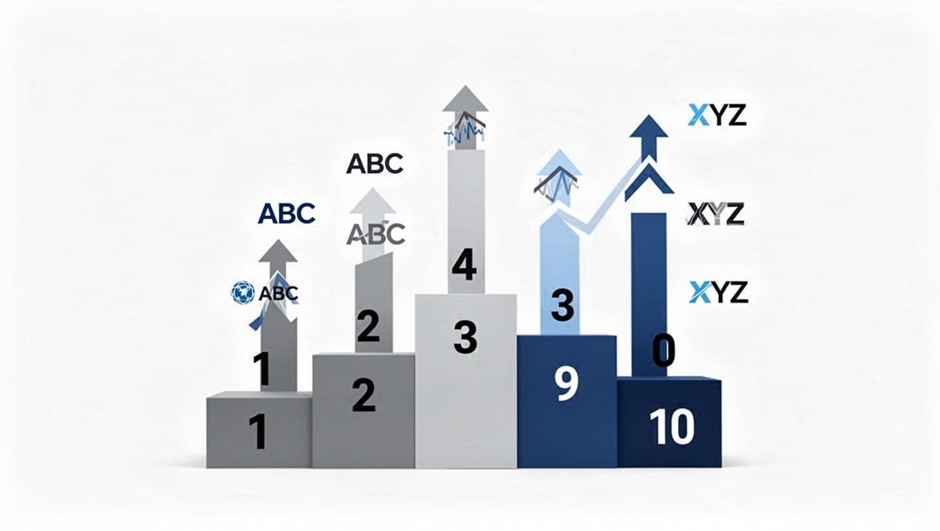 A clean, minimalist infographic displaying top 10 leaderboard positions with vertical bars in neutral grays and blues, generic stock tickers, upward gain arrows, and high-contrast sans-serif ranks on a white background.