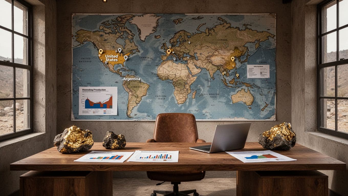 Empty professional mining office with world map highlighting United States, Canada, and Argentina using pins, wooden desk featuring gold ore samples and production charts, closed laptop, natural window light, modern rugged decor.