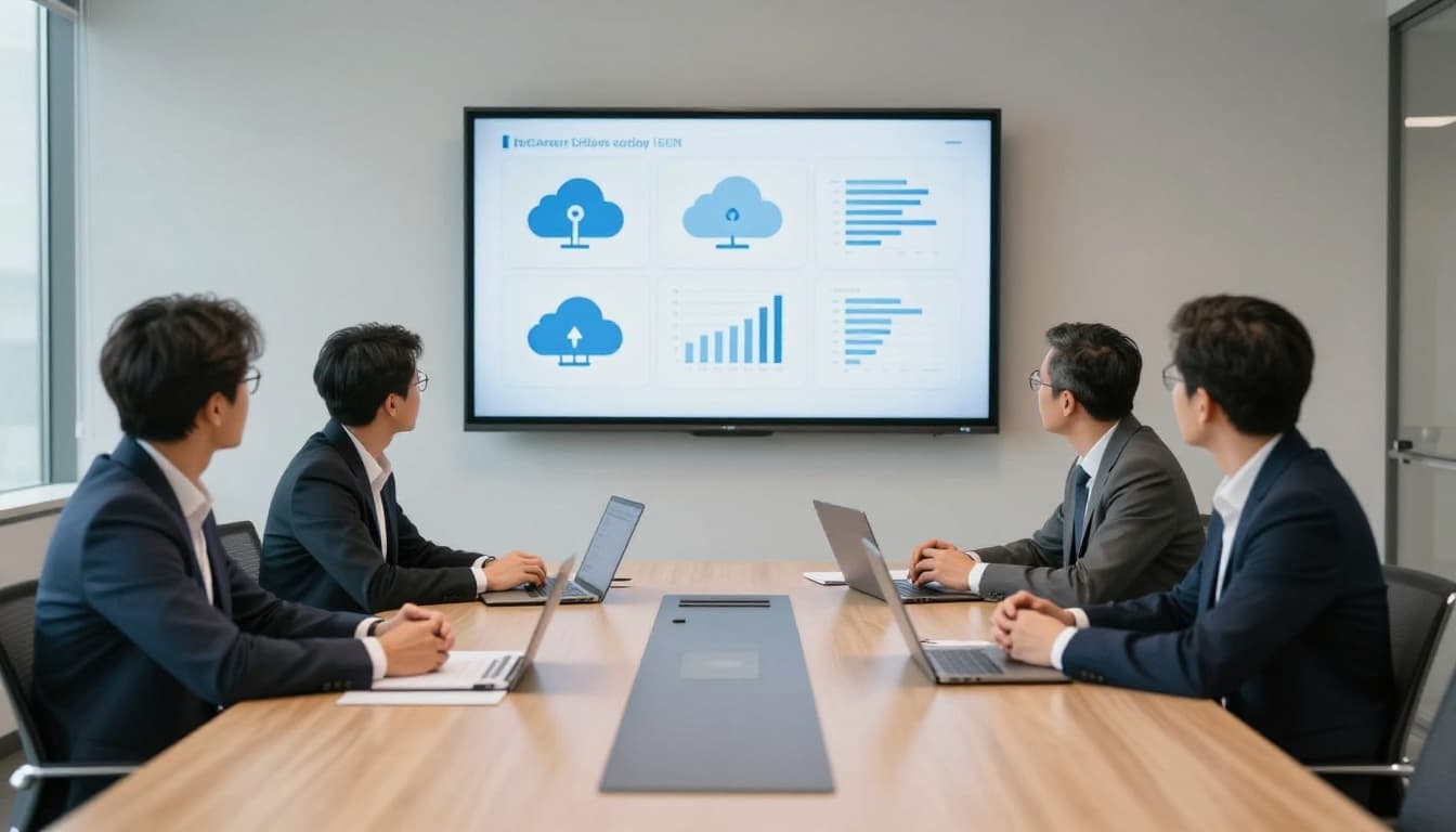 Four executives seated around a conference table in a modern boardroom during a budget meeting, viewing a screen displaying cloud computing icons and charts. Professional realistic style with natural indoor lighting, landscape wide shot.