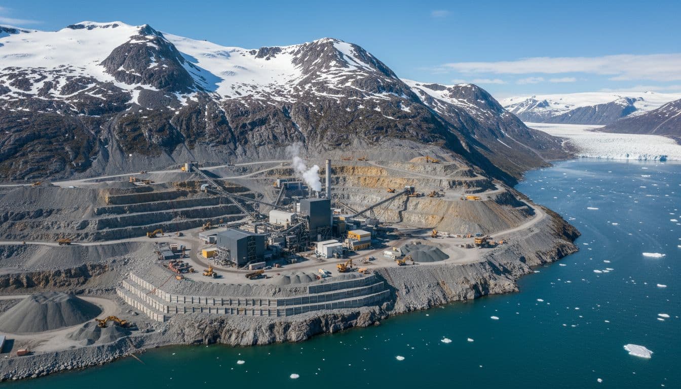 Modern gold mining site featuring a processing plant and equipment in a rugged Greenland fjord, surrounded by steep cliffs and icy waters. Wide landscape overview in photo-realistic style with clear daylight lighting.