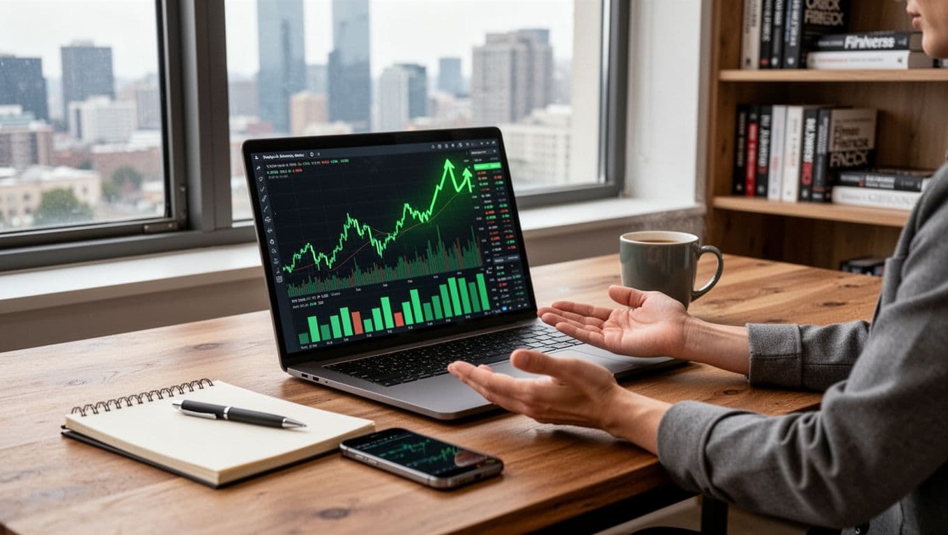 Photorealistic modern home office with wooden desk, laptop displaying green upward-trending stock charts, notepad, pen, coffee mug, smartphone, and relaxed hands. Background features cityscape window view and finance bookshelves under soft natural light.