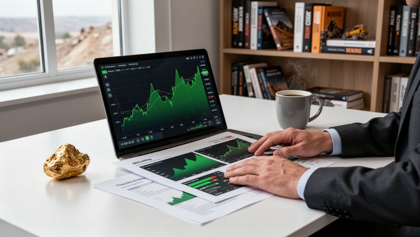 Clean modern office desk featuring an open stock analysis report with abstract green charts and graphs, subtle gold nugget, coffee mug, natural light, and bookshelf with mining books in the background. One person's hands rest loosely on the report in a photorealistic, professional atmosphere.