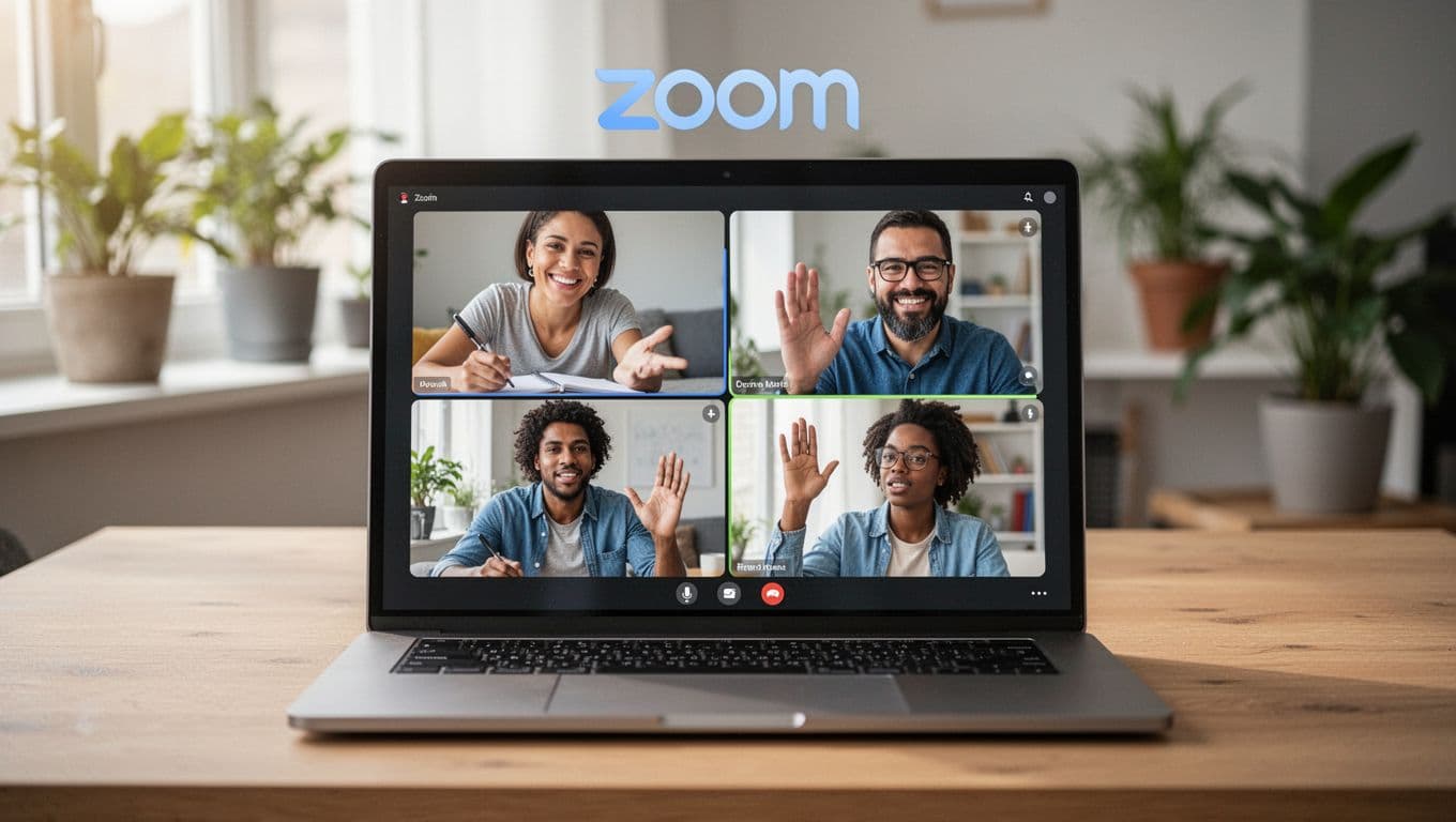 Photorealistic landscape image of four diverse professionals in separate video tiles on a laptop screen during a Zoom call, set on a wooden desk in a bright home office with natural daylight and plants.