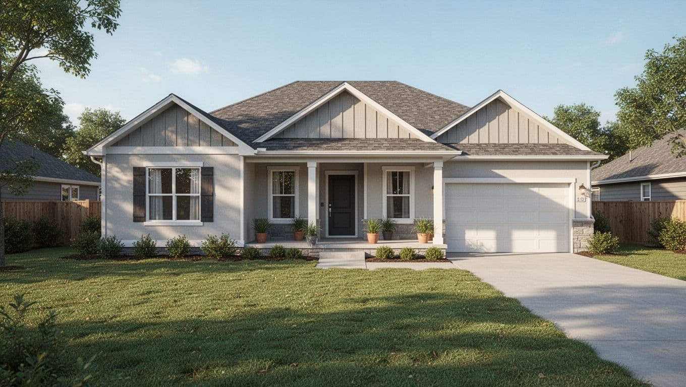 Modern suburban single-family home on clear day with green lawn, driveway, and front porch with potted plants.