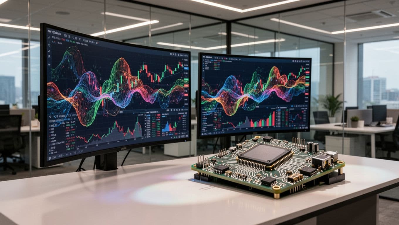 Photo-realistic modern tech office setup with large curved screens displaying abstract financial dashboards and graphs beside physical models of semiconductor chips and circuit boards in a sleek glass-walled setting.