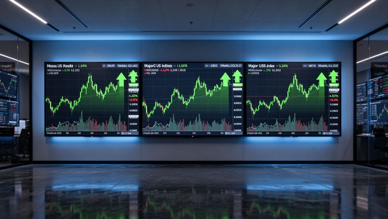 Multi-screen financial display wall in a modern trading room showing green candlestick charts for major US indices with weekly up arrows, under dim ambient lighting with blue screen glow and reflective floor.