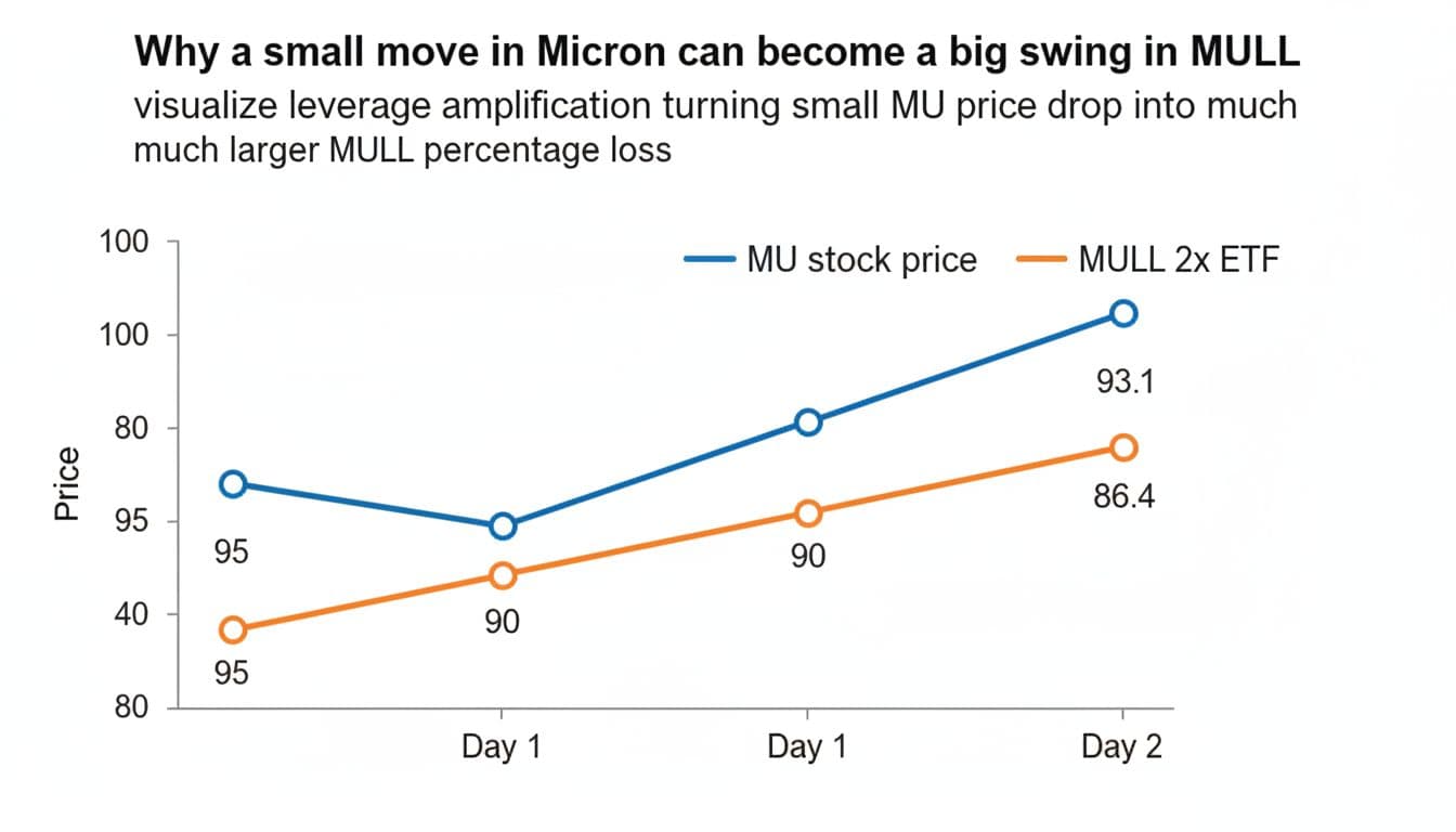 Line chart on white background: blue MU line drops from 100 to 93.1 over two days; orange MULL line drops more to 86.4.