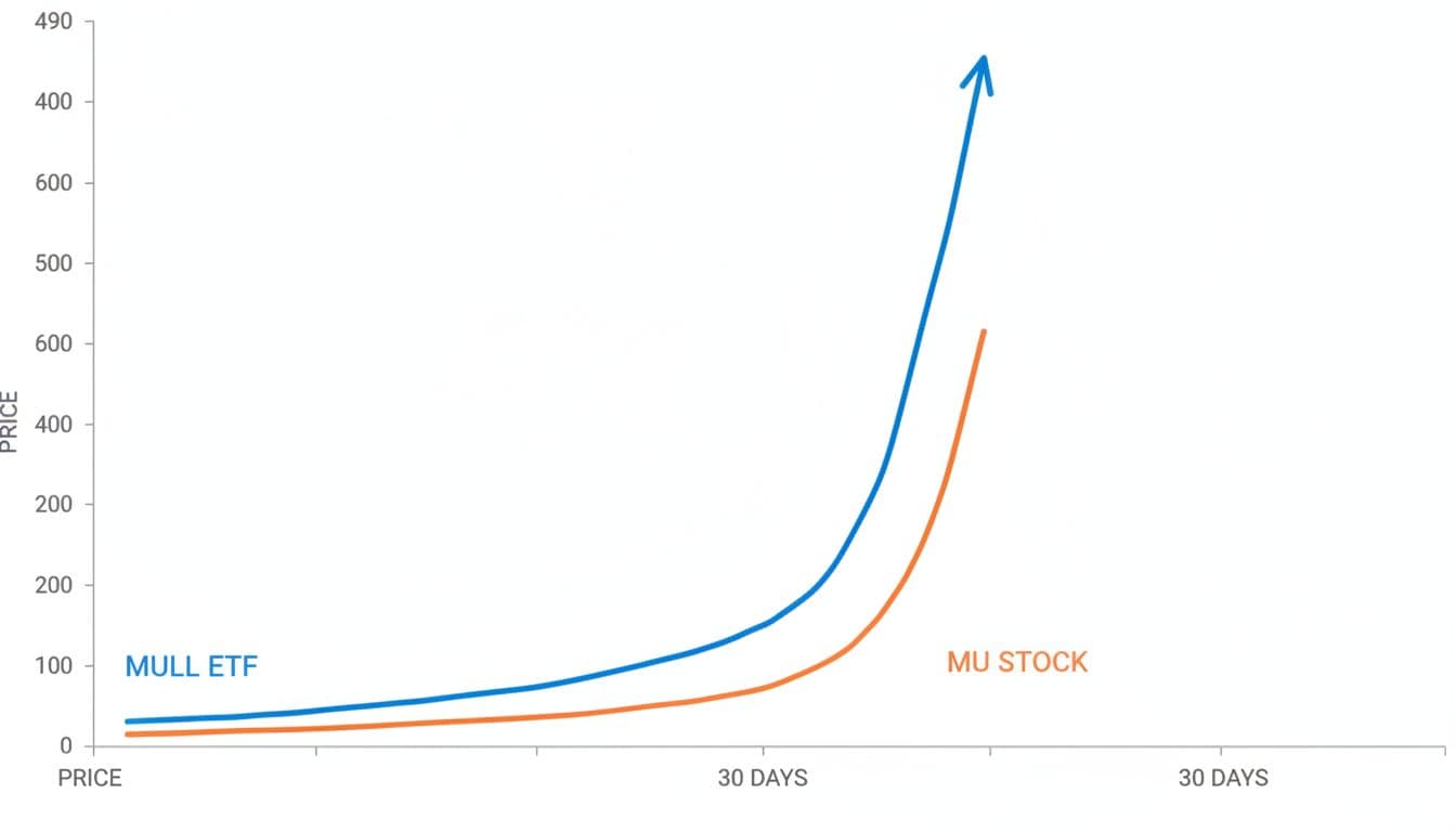 Blue MULL ETF line surges sharply upward on white chart, outperforming thinner orange MU line below over one month.