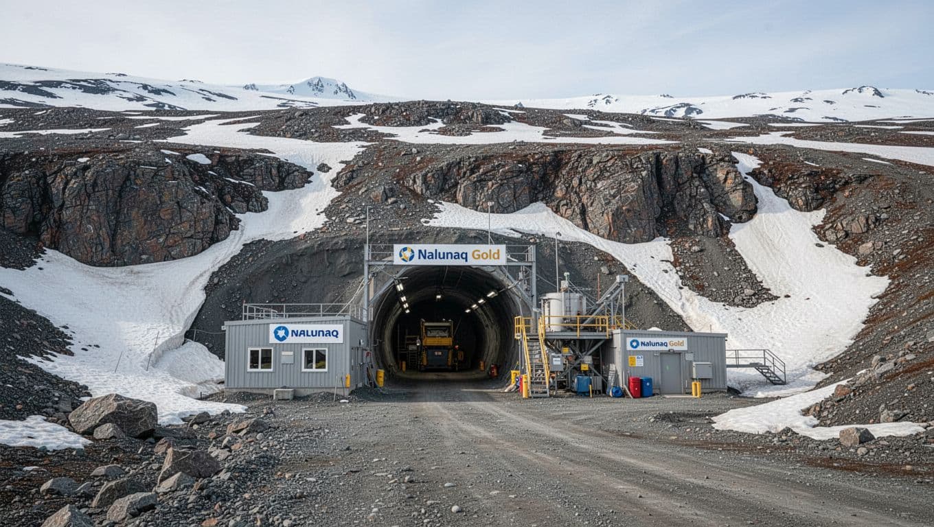 Photorealistic documentary-style image of a mining portal entrance and small processing area at Nalunaq gold mine in remote Arctic setting with snow patches on rock faces and natural daylight.