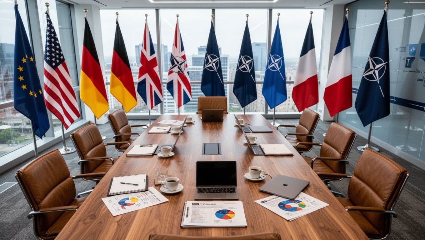 Realistic angled overhead photo of a wooden conference table in a secure modern meeting room, encircled by flags of NATO allies including the US, Germany, UK, and France. Empty leather chairs surround the table holding notebooks, closed laptops, coffee cups, and abstract defense strategy documents under bright natural light.