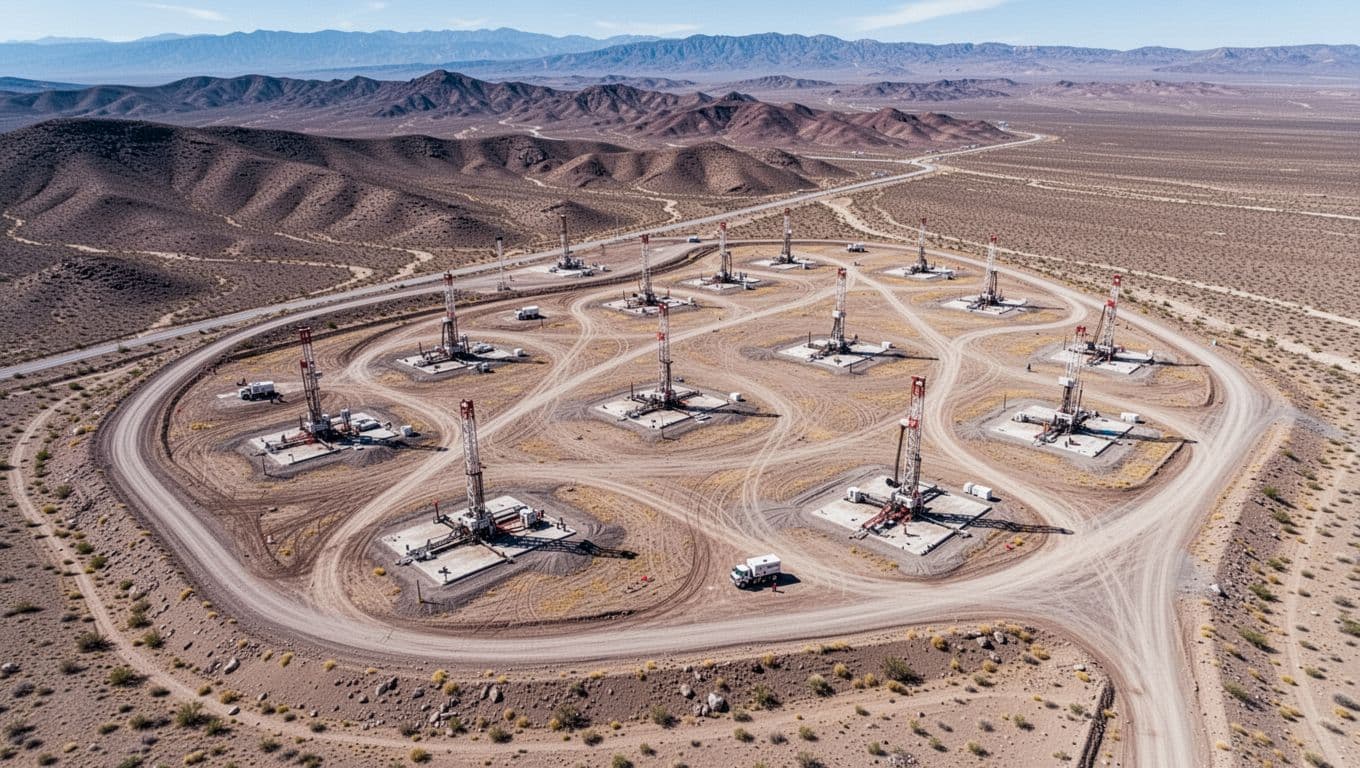 Wide aerial view of Nevada exploration site with scattered drill pads across dry terrain, winding access roads, and a parked crew truck amid barren hills and valleys.