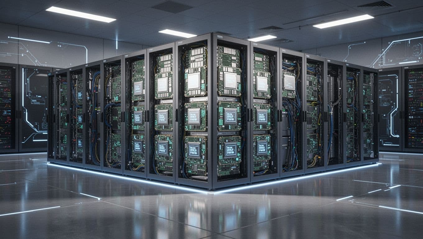Photo-realistic view of advanced stacked chiplets and AI accelerator modules within a vast data center rack system, featuring polished reflective floors, LED accents, and interconnected infrastructure under cool professional lighting.