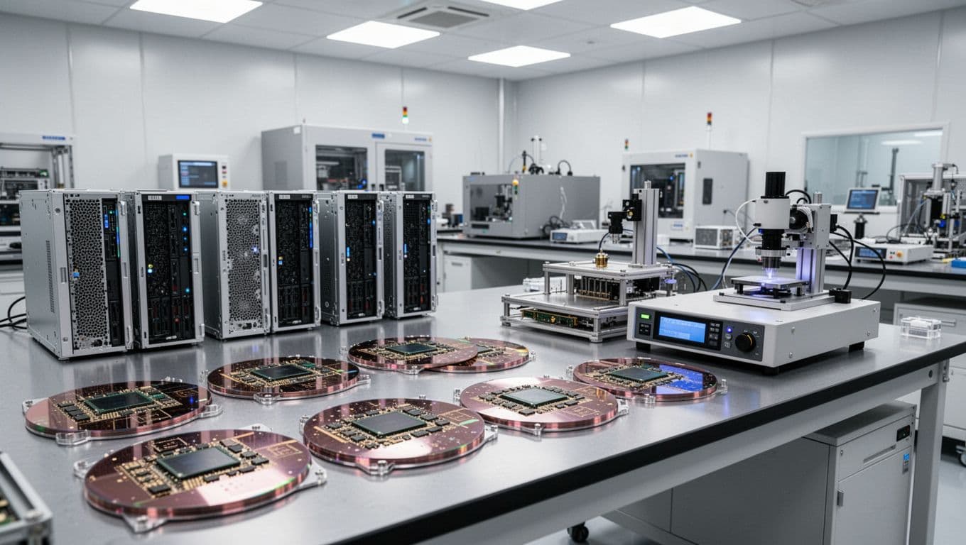 Photo-realistic interior of a high-tech semiconductor fabrication lab featuring advanced NVIDIA chips on silicon wafers, server prototypes, and testing equipment on workbenches.