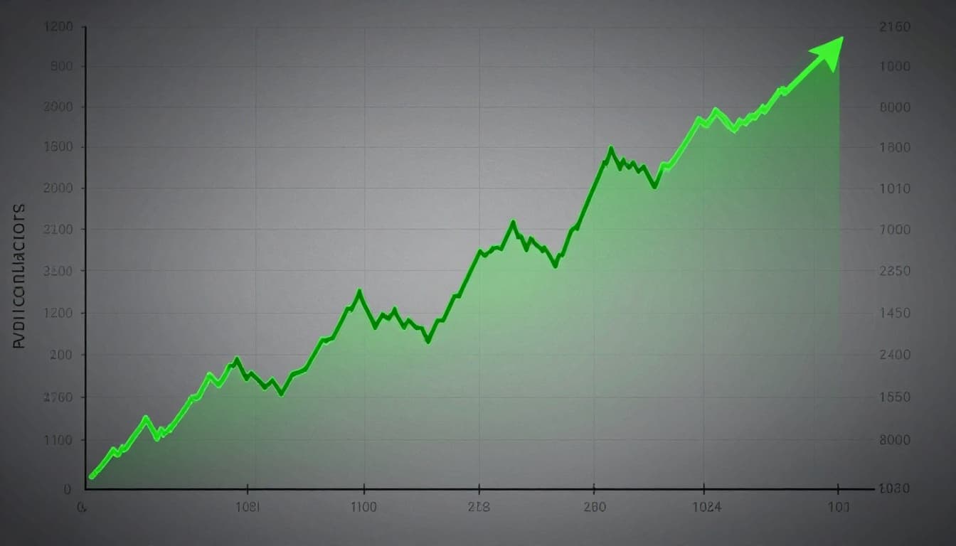 Steep green parabolic line surges upward over 12 months on dark grid background.
