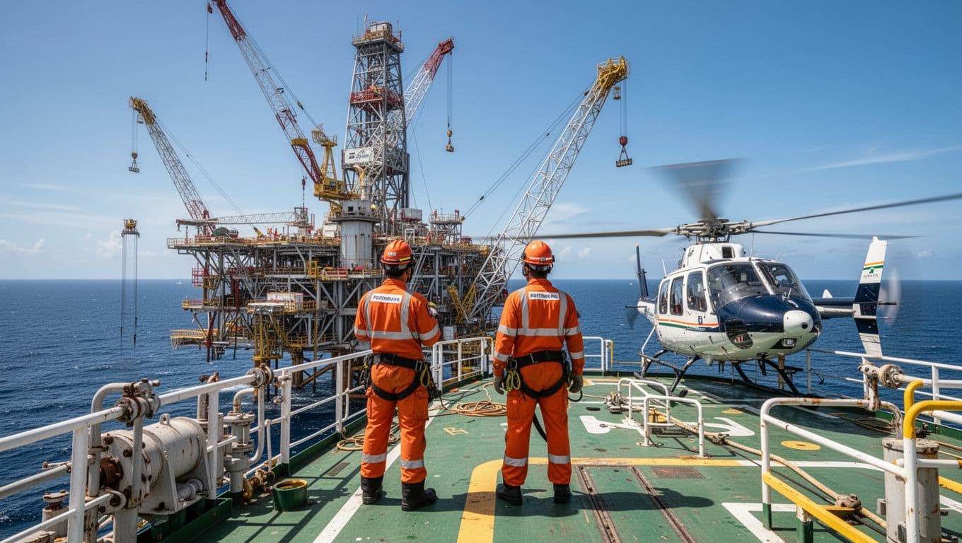 Close-up view of an offshore drilling rig on calm seas, featuring two workers in orange safety gear on the deck, a landed helicopter nearby, and an extended crane arm under clear blue skies.
