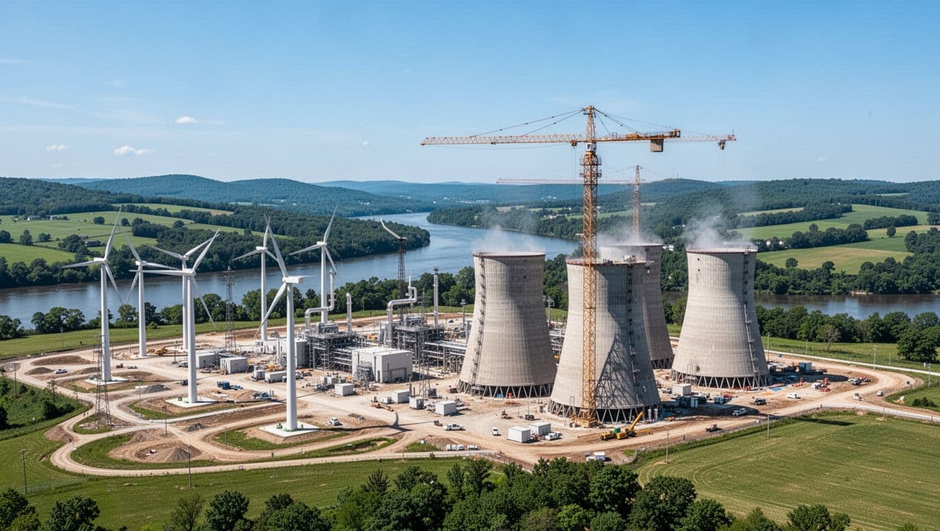 Wide-angle landscape of a large natural gas power plant under construction in rural Ohio near Portsmouth, featuring modern turbines, cooling towers, one construction crane, rolling green hills, and a river under a clear blue sky in bright daylight.