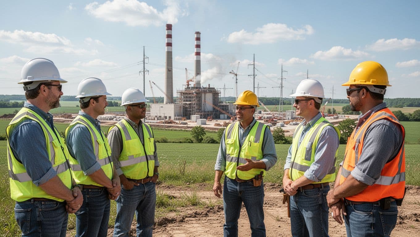 Landscape view of exactly four construction workers in hardhats during a relaxed training session at a power plant in rural Ohio, sunny day with positive energy mood.