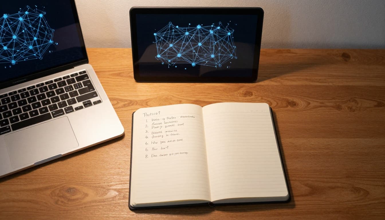 Top-down view of an open notebook with handwritten checklist next to a closed laptop displaying a faint photonics network diagram on screen, on a wooden desk with warm desk lamp lighting, realistic style.