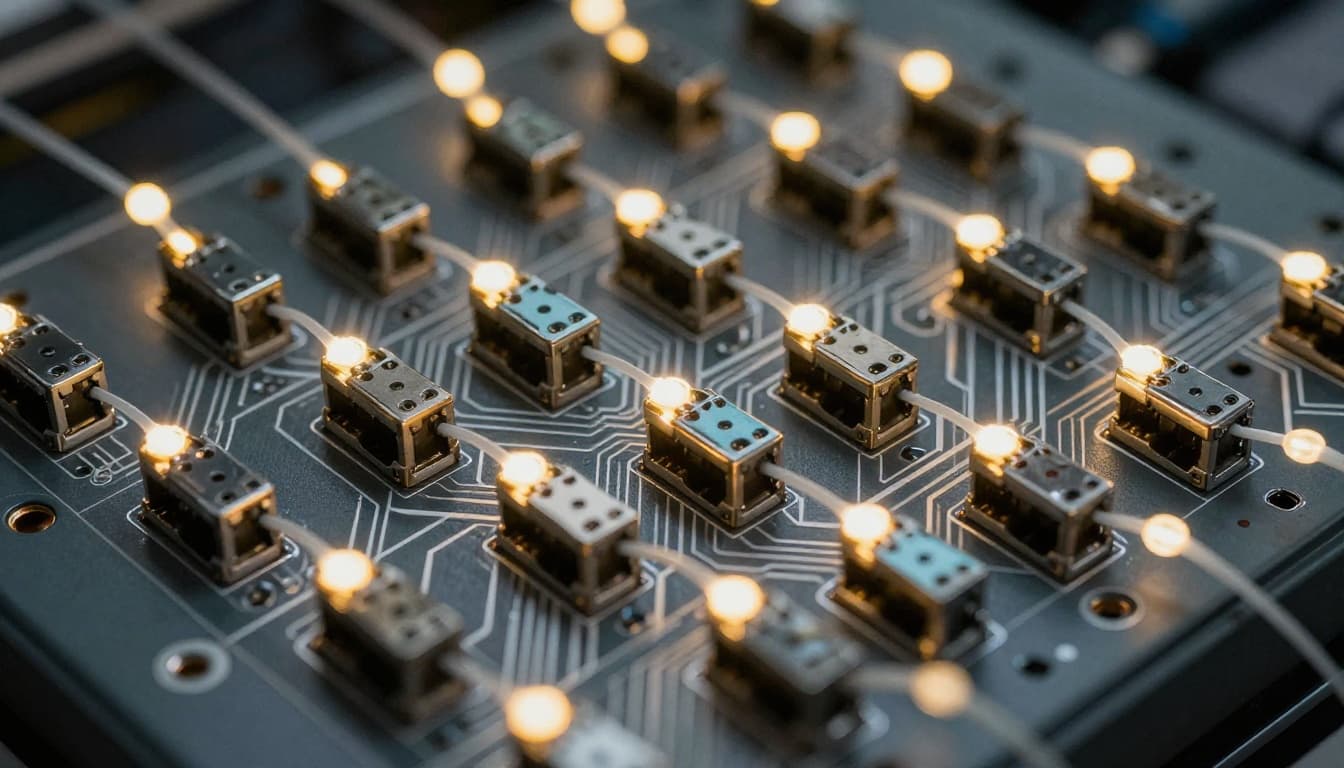 Close-up on an optical circuit switch panel with numerous fiber ports and illuminated light paths switching between them, featuring detailed realistic metallic and glowing hardware elements in landscape composition.