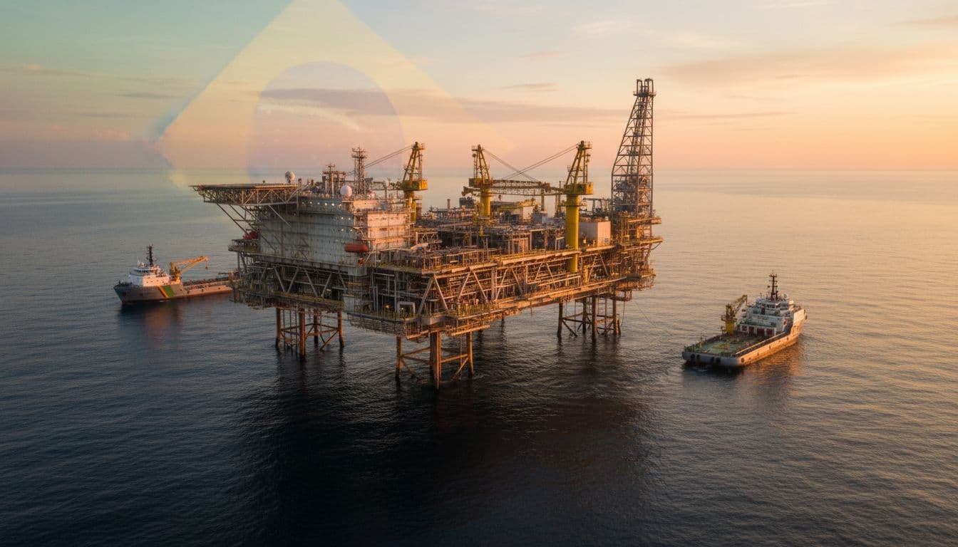 Offshore FPSO platform floating on calm ocean at sunrise with warm golden light illuminating the structure and two nearby supply boats, featuring subtle green and yellow hues reminiscent of the Brazilian flag. Realistic documentary-style photography in wide landscape composition with high detail on decks and rigging.