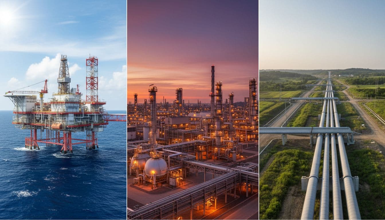 Photo-realistic split-composition landscape seamlessly blending three industrial scenes: offshore oil platform on blue sea, modern refinery at dusk with orange lights, and gas pipeline through green terrain.