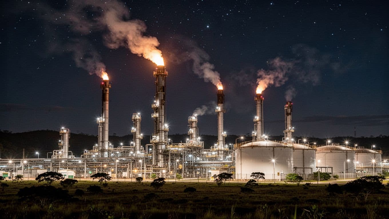 Photo-realistic wide landscape view of a modern oil refinery facility at night from a distance, featuring multiple tall flare stacks with realistic flames and faint smoke plumes, illuminated complex pipework and storage tanks under dramatic starry lighting.