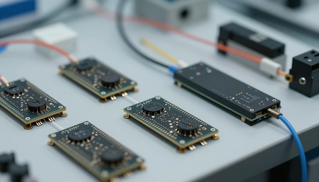 Close-up view of photonic chips, tunable lasers, and fiber optic connectors arranged on a clean lab bench with technical components in sharp focus and shallow depth of field under soft lab lighting.
