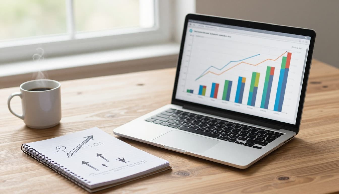 Realistic landscape office desk with open laptop showing abstract multicolored rising bar graphs and line charts, steaming coffee mug, notepad with upward arrows, and stack of reports under natural daylight on wooden surface.