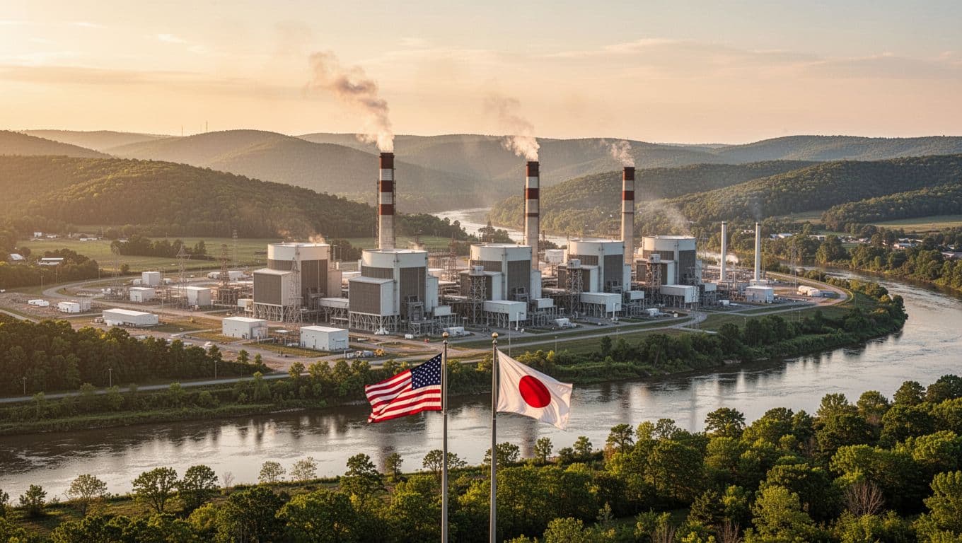 Photorealistic landscape of a vast 9.2 gigawatt natural gas power plant near Portsmouth, Ohio, with multiple turbine buildings and stacks amid Appalachian foothills and Scioto River under golden hour lighting, featuring US and Japan flags on two flagpoles.
