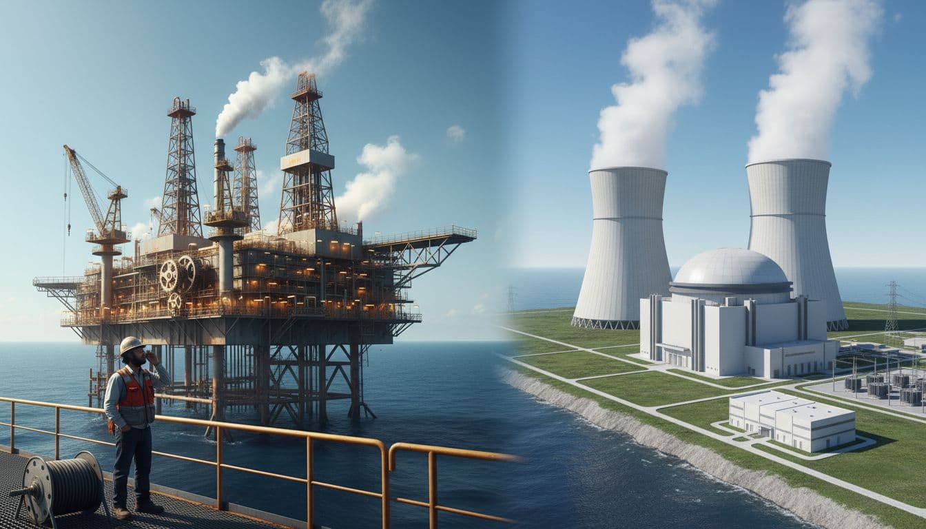 Photorealistic split landscape: left side shows an older offshore oil facility reactivating with lights on and equipment starting, right side depicts a modern nuclear power plant with cooling towers and reactor building under clear daylight.